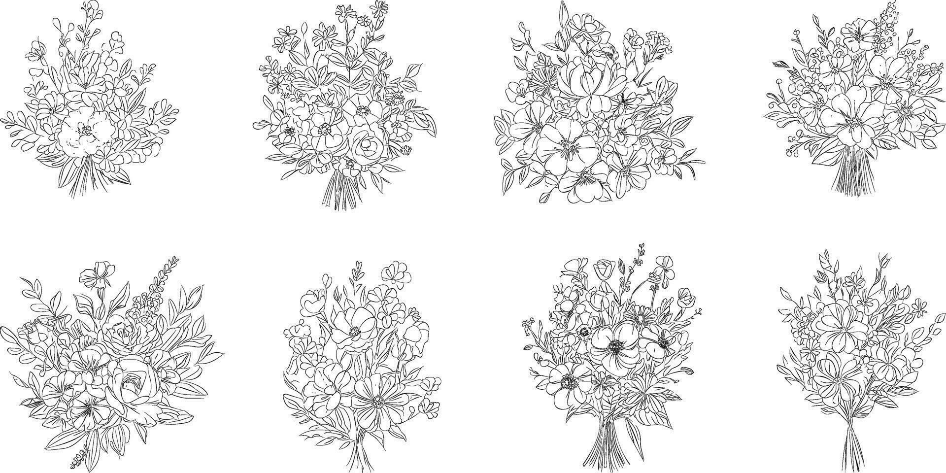 Flower bouquet line art, black and white floral set collection bundle handdrawn, branch, foliage, leaf minimal antique retro contemporary ink drawing for decor wedding invitation and poster card. vector