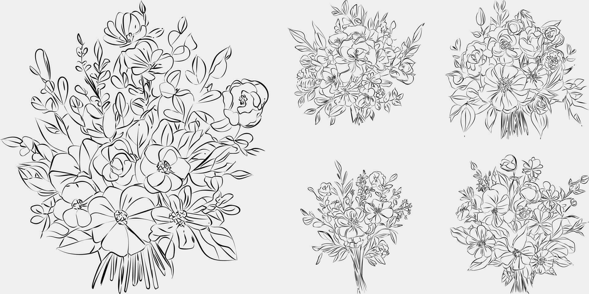 Flower bouquet line art, black and white floral set collection bundle handdrawn, branch, foliage, leaf minimal antique retro contemporary ink drawing for decor wedding invitation and poster card. vector