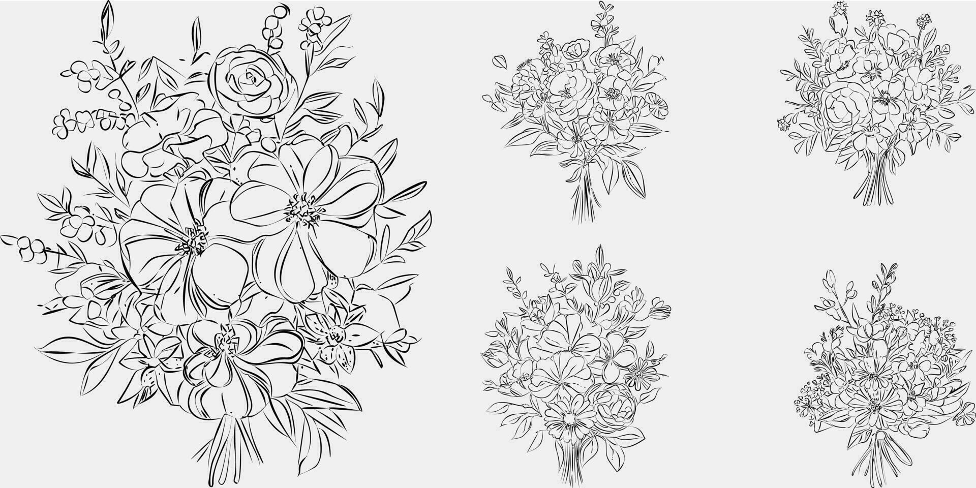 flor ramo de flores línea arte, negro y blanco floral conjunto colección haz dibujado a mano, rama, follaje, hoja mínimo antiguo retro contemporáneo tinta dibujo para decoración Boda invitación y póster tarjeta. vector