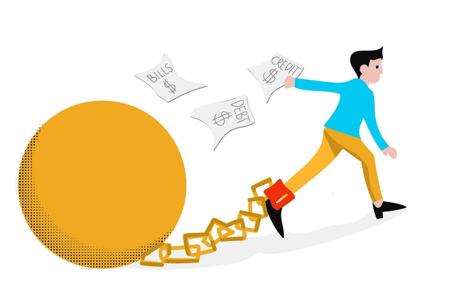 Trapped by debt, credit, and bills. Financial problem business illustration. concept. Businessman with legs chained to a giant yellow ball vector