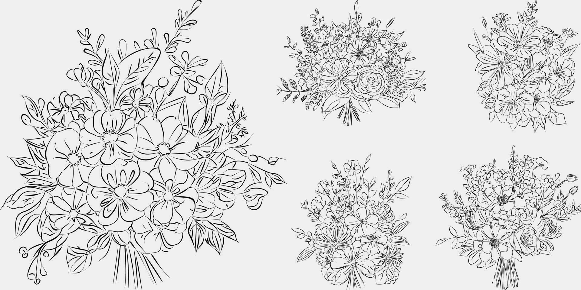 Flower bouquet line art, black and white floral set collection bundle handdrawn, branch, foliage, leaf minimal antique retro contemporary ink drawing for decor wedding invitation and poster card. vector