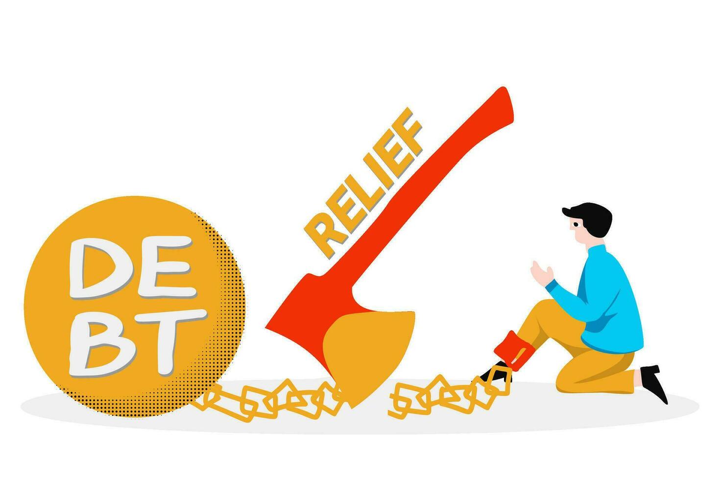 Get freedom after trapped by debt, credit, and bills. Financial problem business illustration concept. Businessman with legs chained to a giant yellow ball relief with giant axe vector