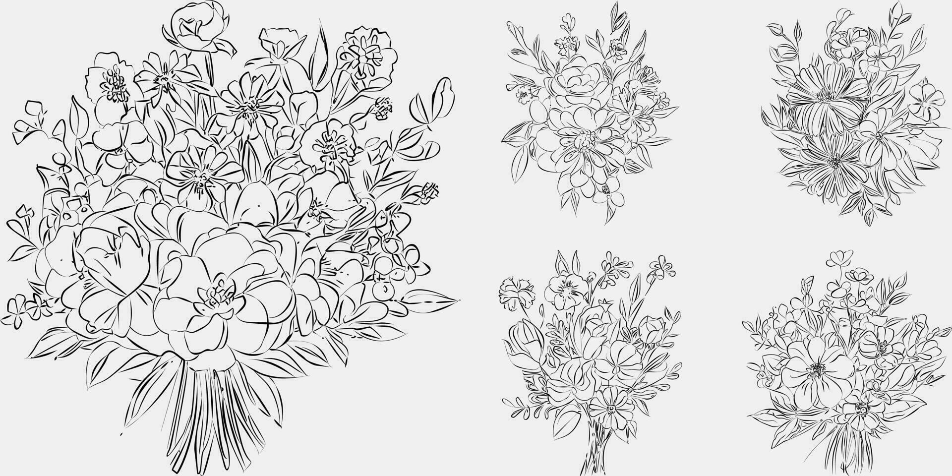 Flower bouquet line art, black and white floral set collection bundle handdrawn, branch, foliage, leaf minimal antique retro contemporary ink drawing for decor wedding invitation and poster card. vector