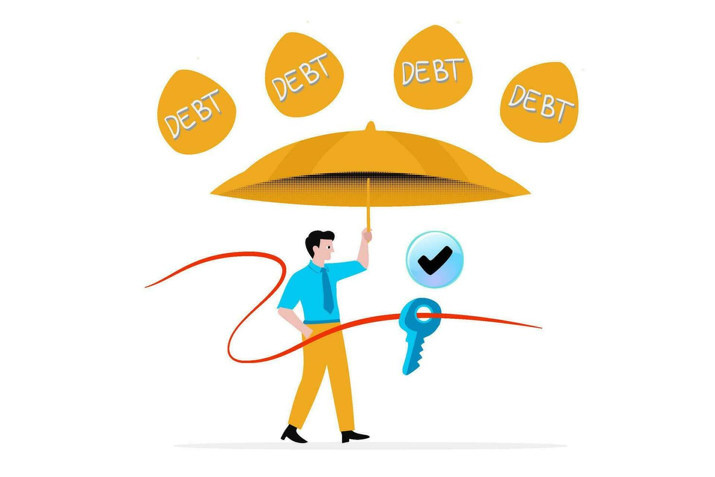 A young businessman protected from the threat of debt and economic problems with big umbrella and key support from insurance, the government and his partners vector