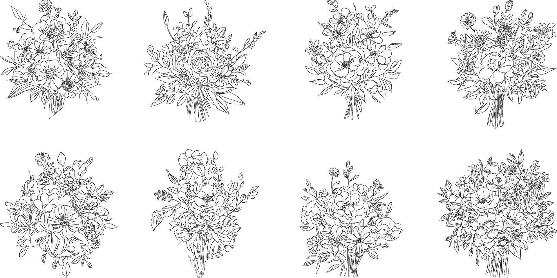 Flower bouquet line art, black and white floral set collection bundle handdrawn, branch, foliage, leaf minimal antique retro contemporary ink drawing for decor wedding invitation and poster card. vector