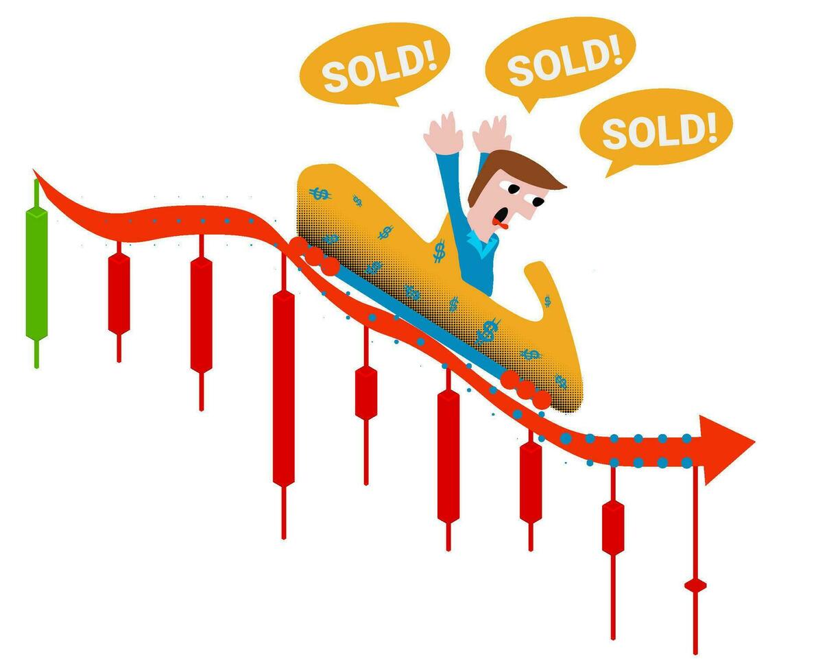 Funny business illustration roller coaster stock market crash bullish. selling fear of investor vector