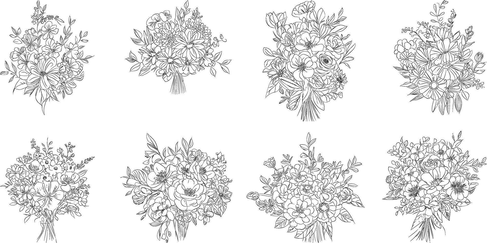 flor ramo de flores línea arte, negro y blanco floral conjunto colección haz dibujado a mano, rama, follaje, hoja mínimo antiguo retro contemporáneo tinta dibujo para decoración Boda invitación y póster tarjeta. vector