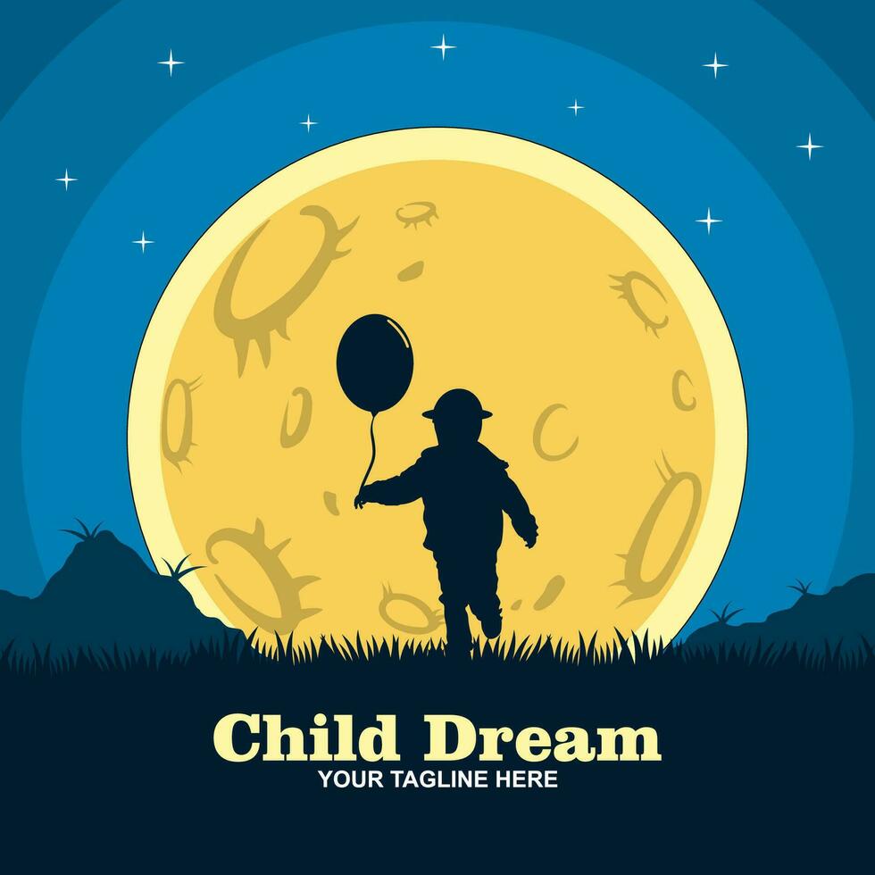 Vector logo in which an abstract image of a child on a background of stars holding a balloon with the moon and stars.