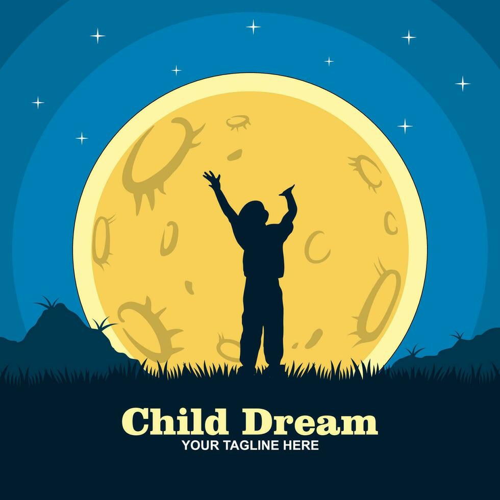 Vector logo in which an abstract image of a child on a background of stars holding a balloon with the moon and stars.