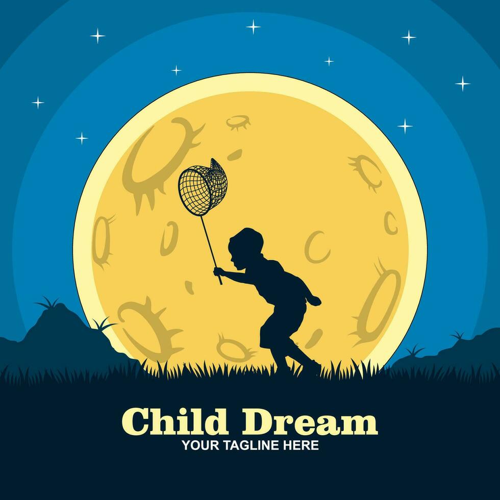 Vector logo in which an abstract image of a child on a background of stars holding a balloon with the moon and stars.