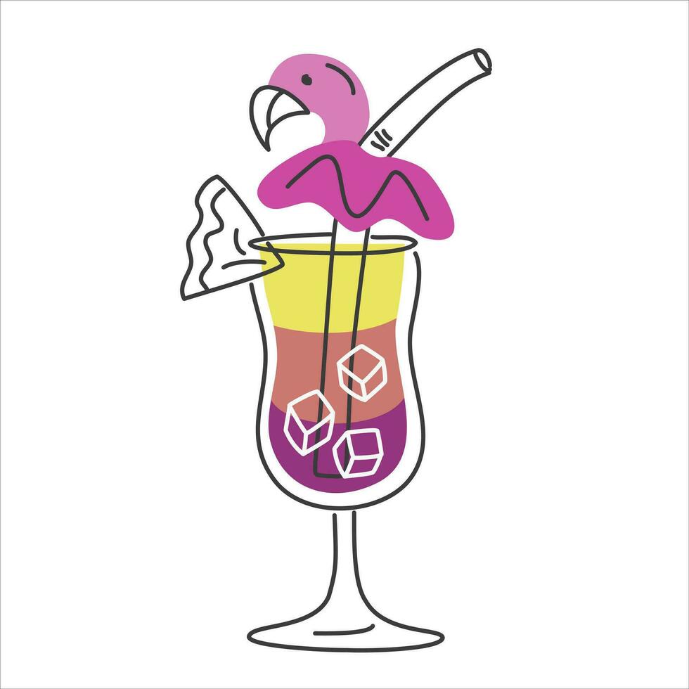 Vector line with part color fill illustration of a tropical cocktail.