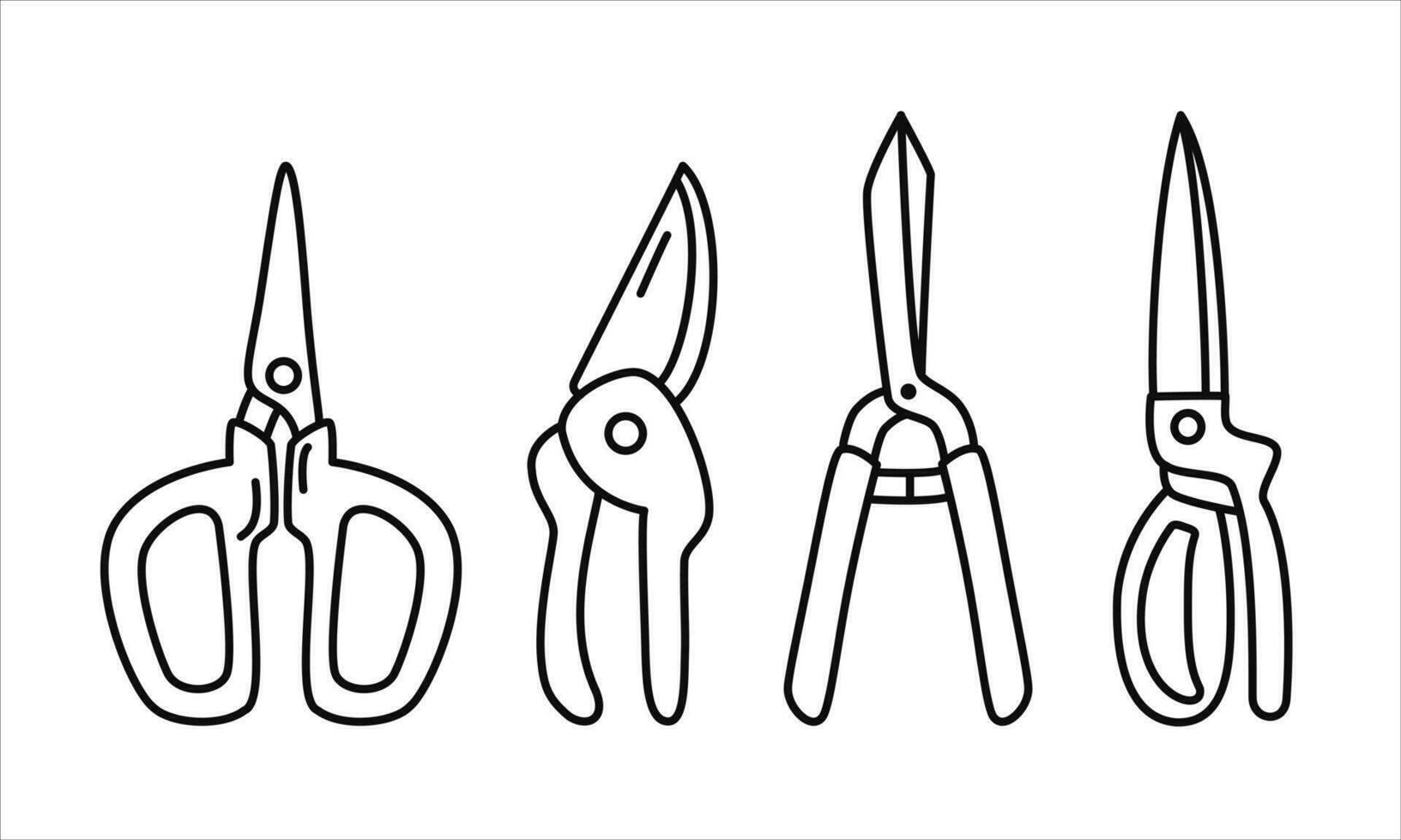 Set of vector black line illustrations of garden cutting tools. Spring, summer, garden theme.