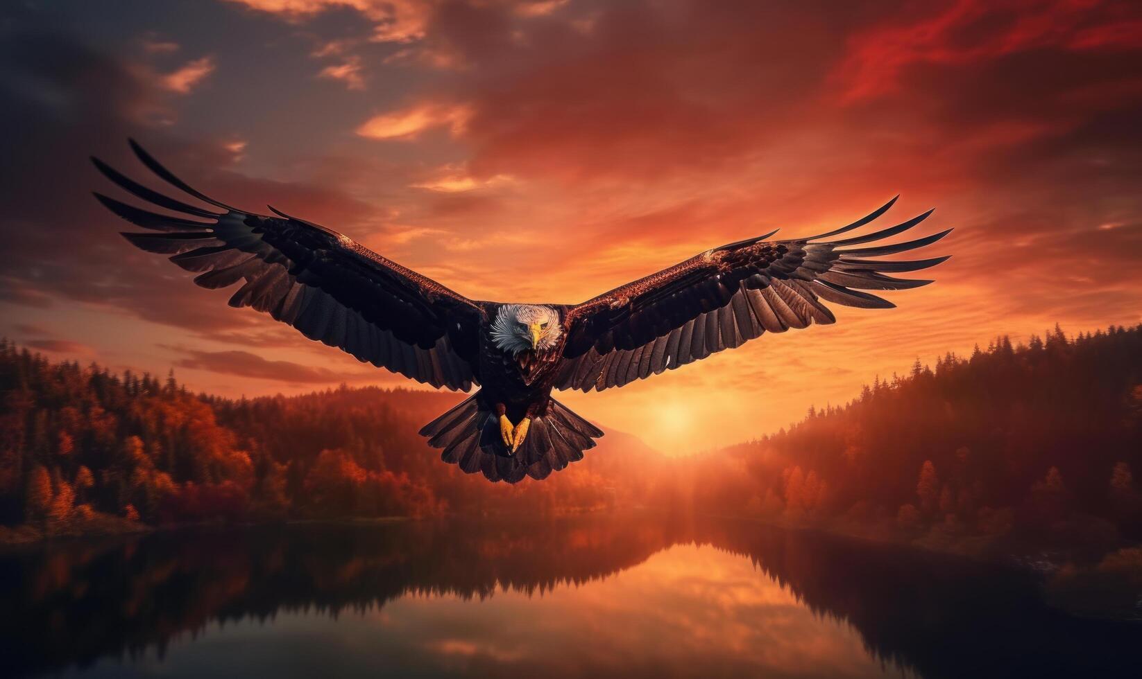 Bald Eagle Flying on Sunset Background. Generative Ai photo