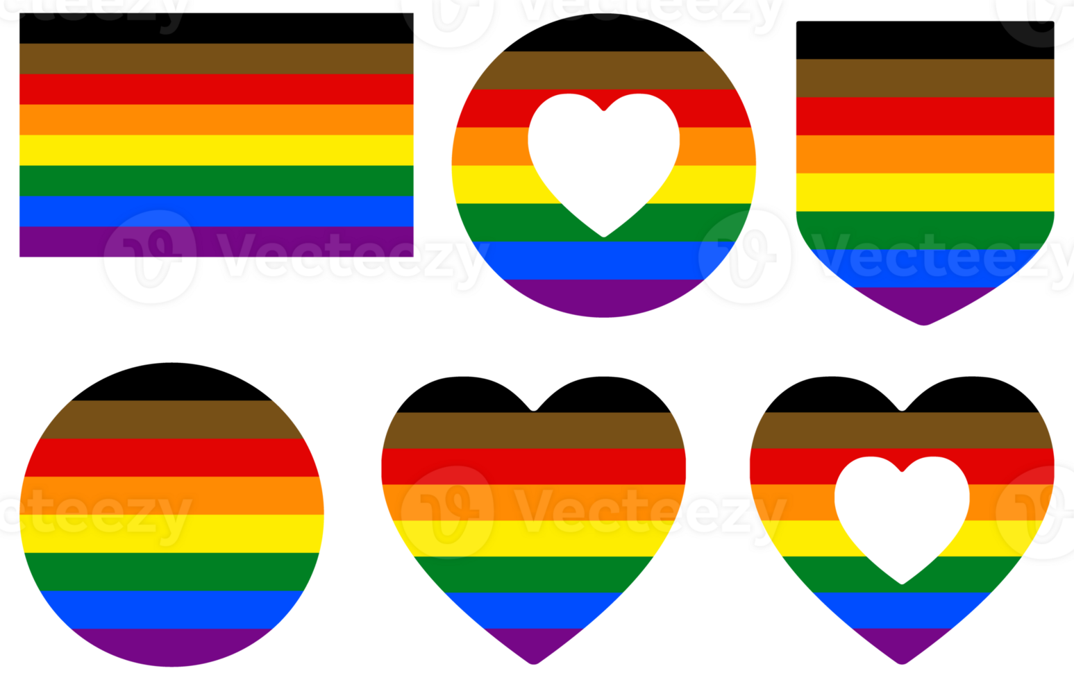 Philadelphia Pride Flag in shape set. Traditional gay pride flag with black and brown stripes. png