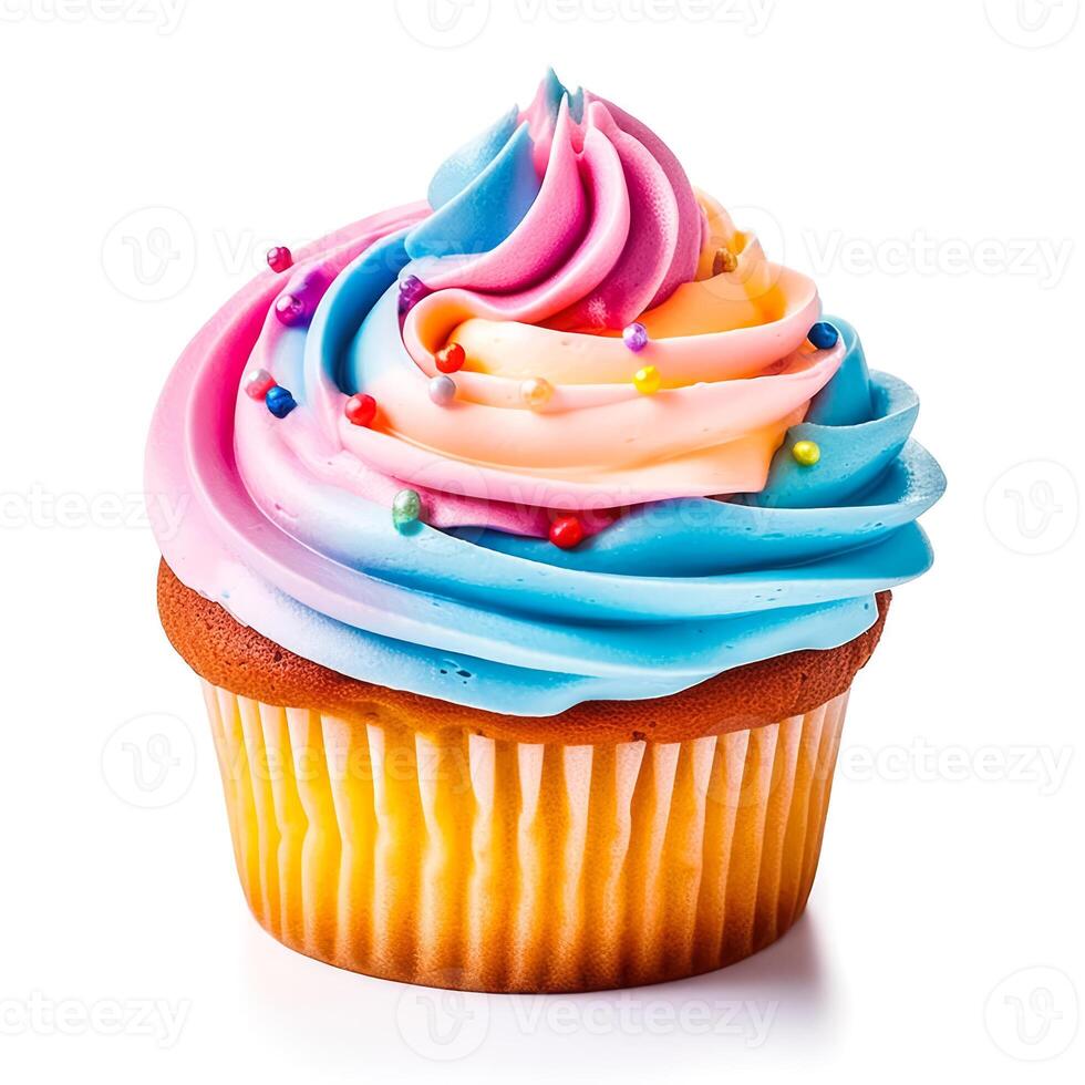 Delicious rainbow cupcakes isolated on white background, photo