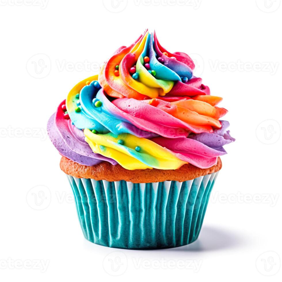 Delicious rainbow cupcakes isolated on white background, photo