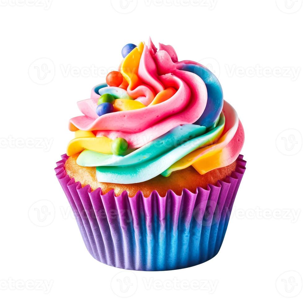 Delicious rainbow cupcakes isolated on white background, photo