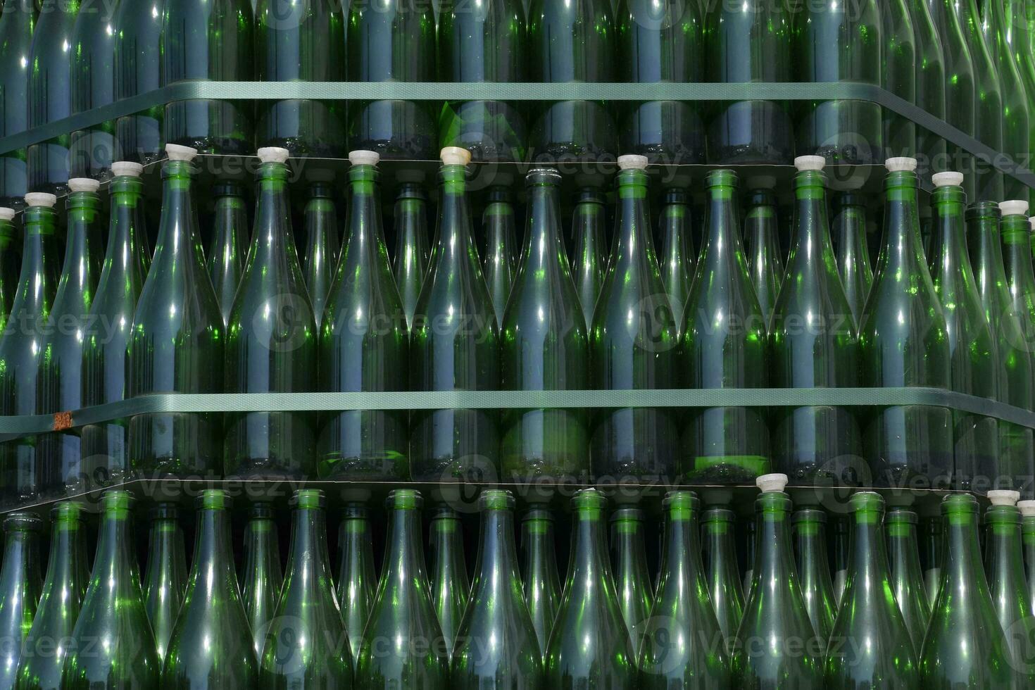 Christmas tree of bottles of champagne. Creative from bottles. Empty bottles of champagne photo