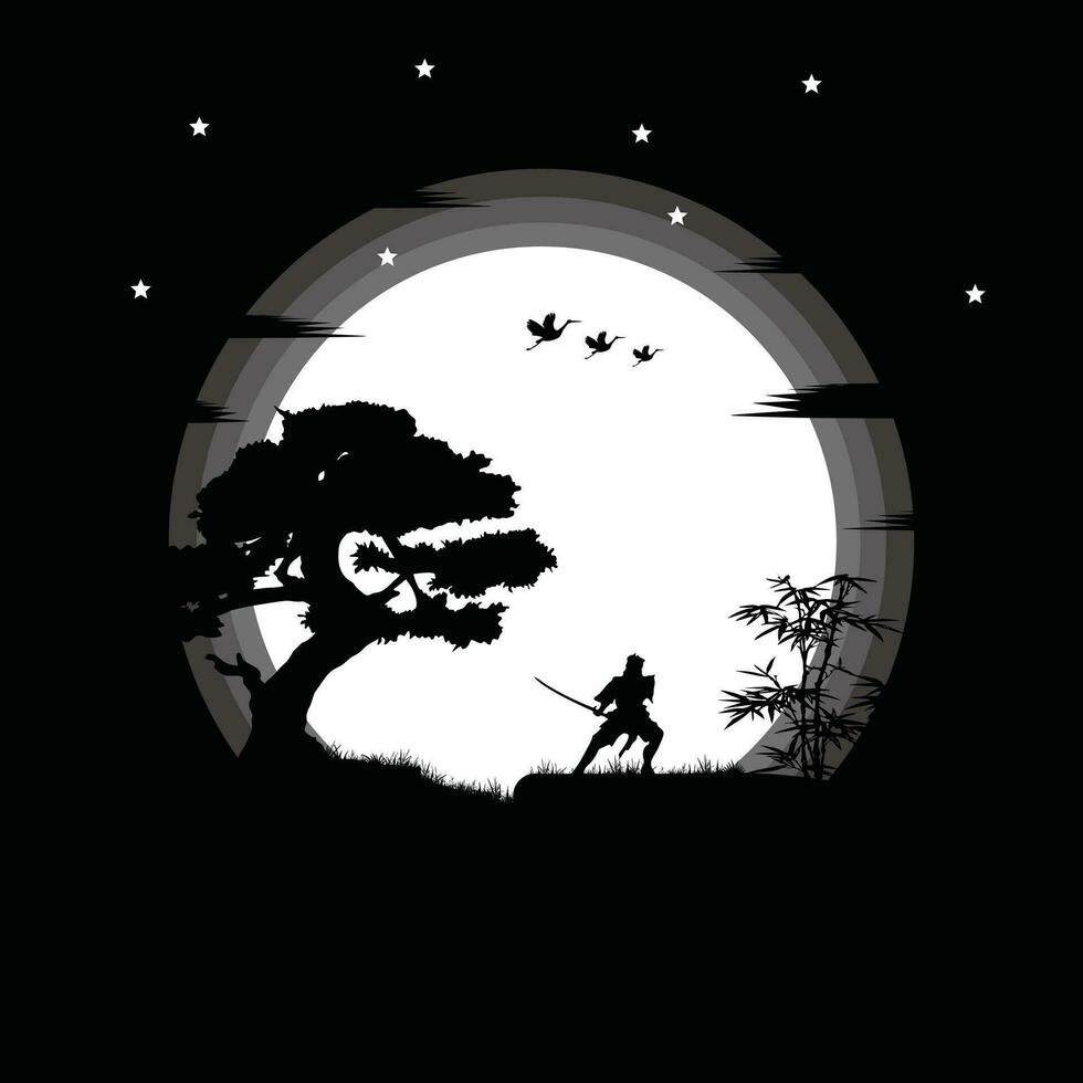 ninjas, asesino, samurai formación a noche en un lleno Luna vector