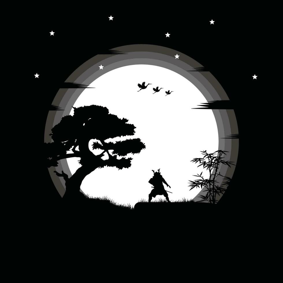 ninjas, asesino, samurai formación a noche en un lleno Luna vector