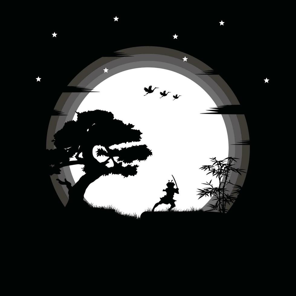 Ninja, Assassin, Samurai training at night on a full moon vector