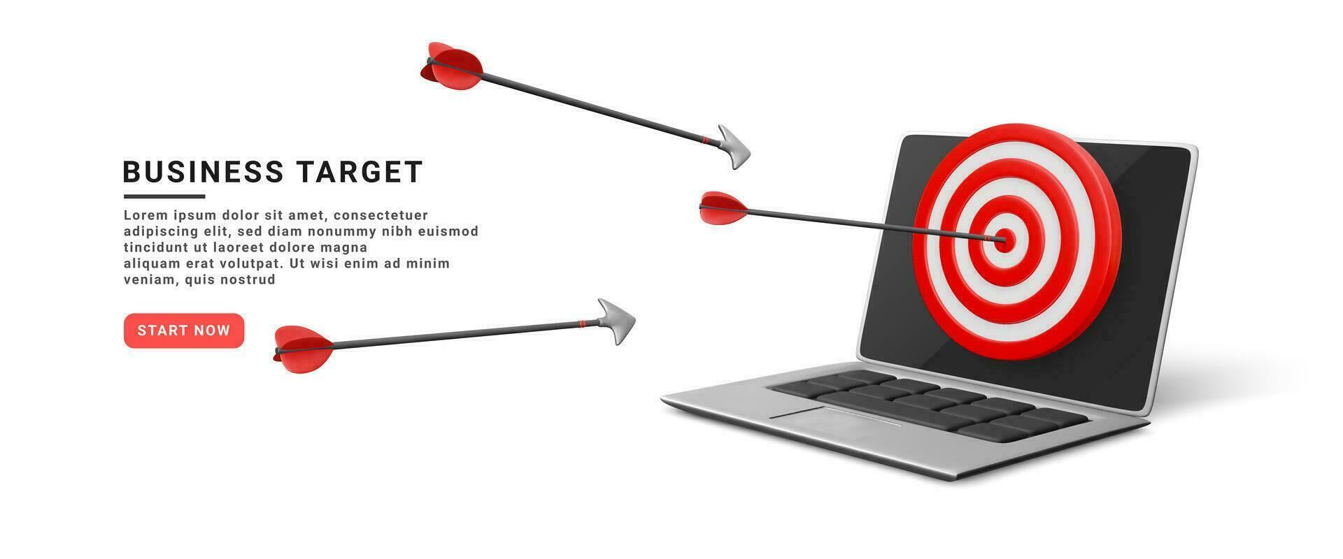 3d realistic start up banner with flying arrows, target and laptop.  Targeting the business. Vector illustration