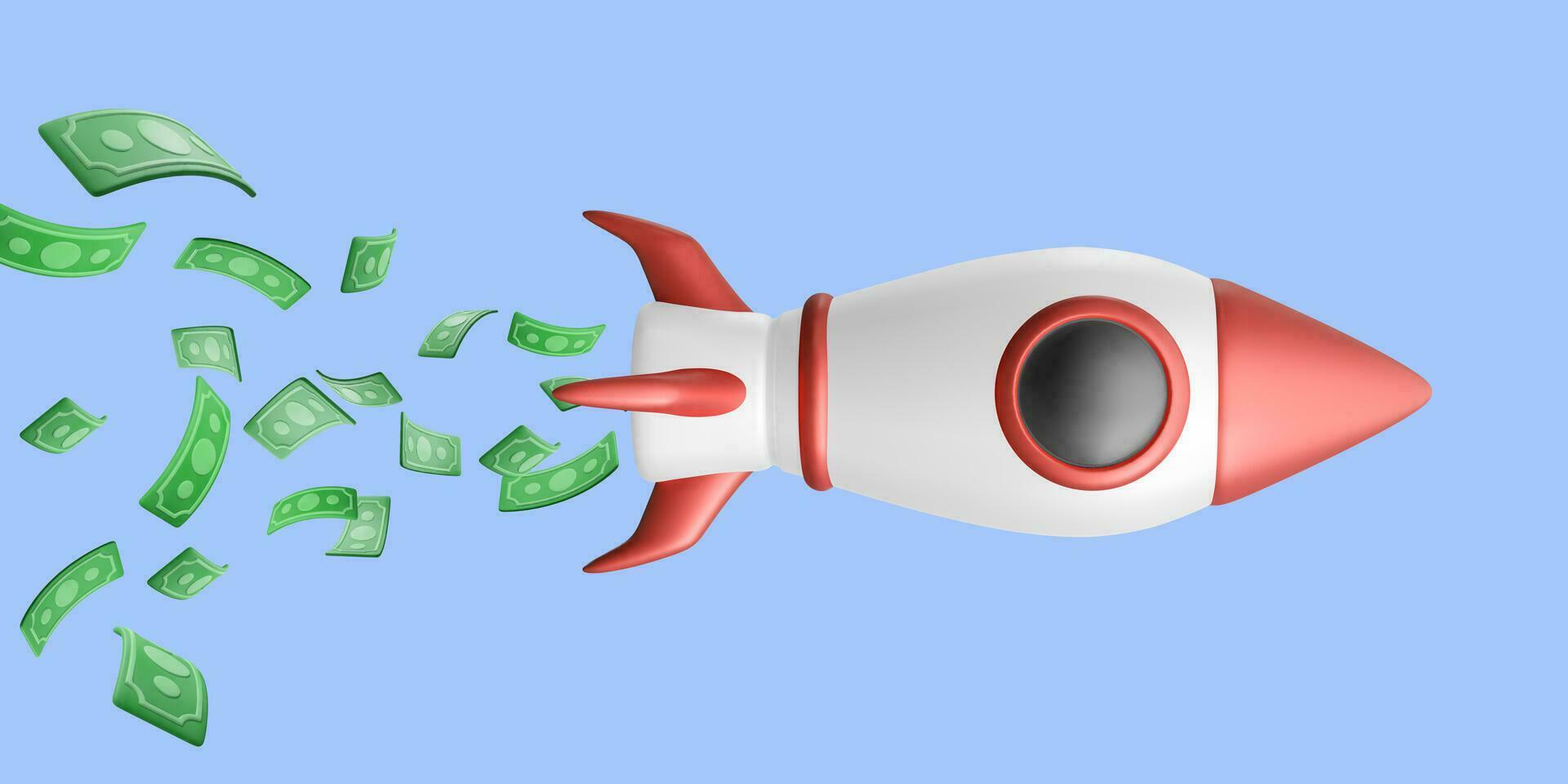 3d realistic start up banner with flying rocket and money.  Money investment concept. Vector illustration