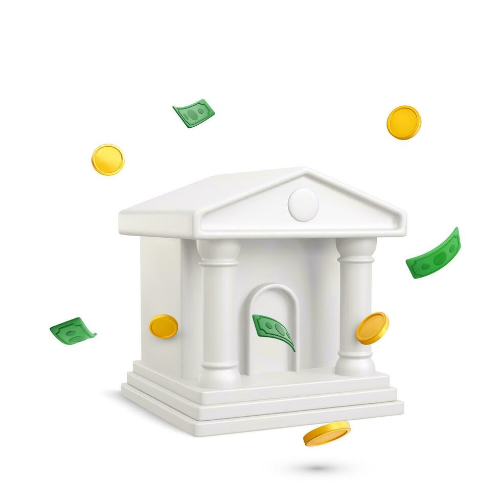 Bank building with falling gold coin and paper currency in realistic cartoon style. 3d realistic banners and posters for bank business. Vector illustration