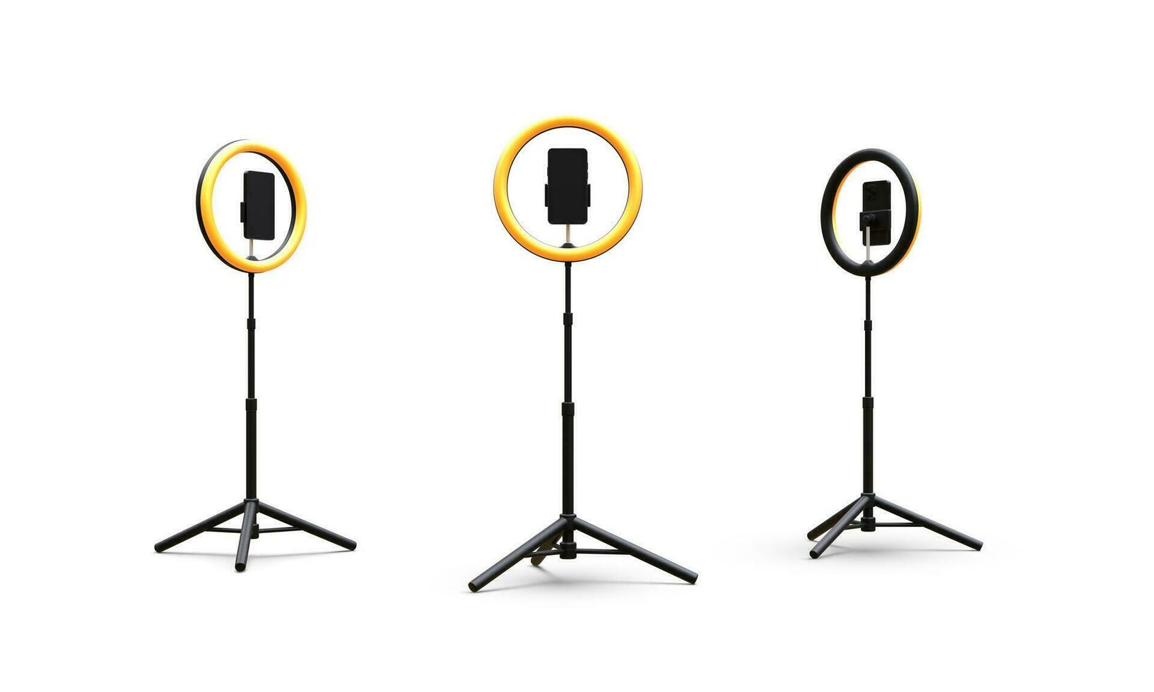 Set of 3d realistic phone on tripod with light bulb. Live stream concept. Vector illustration