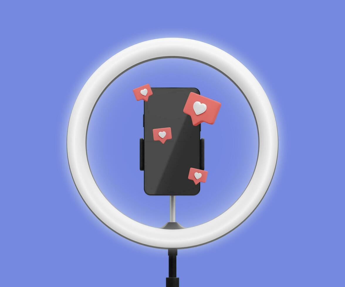 3d realistic live stream concept. Phone on tripod with light bulb and social icons. Vector illustration