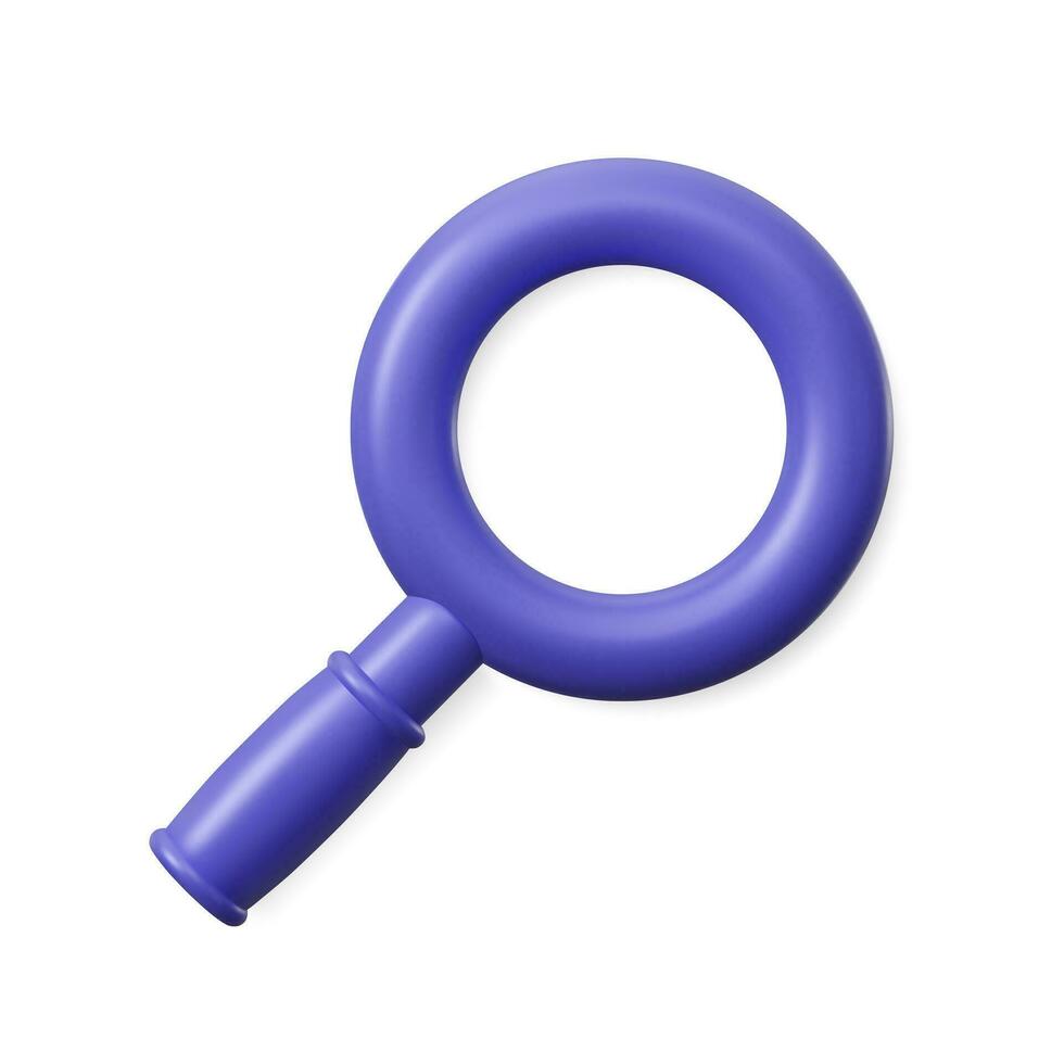 Violet magnifying glass. 3d volume lens icon. Realistic vector magnifier isolated on white background