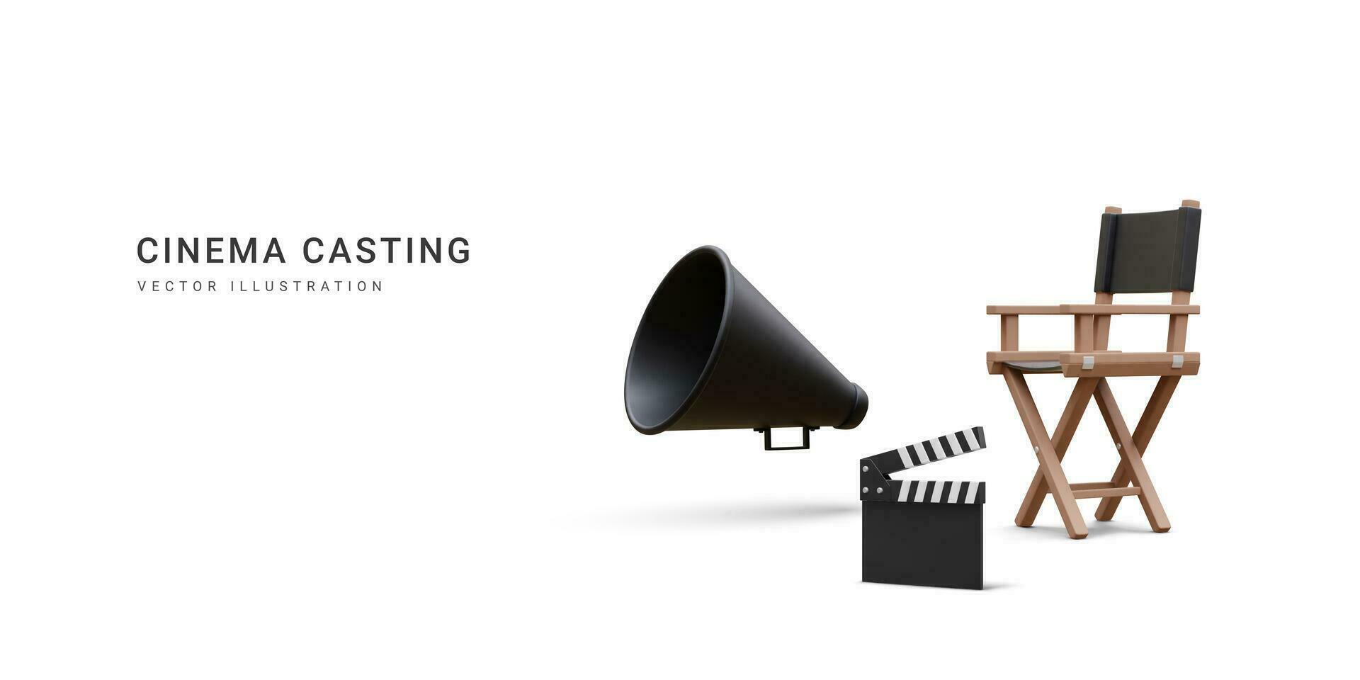 3d realistic movie industry concept. Cinema production casting design concept. Director chair, clapperboard and megaphone on light background. Vector illustration
