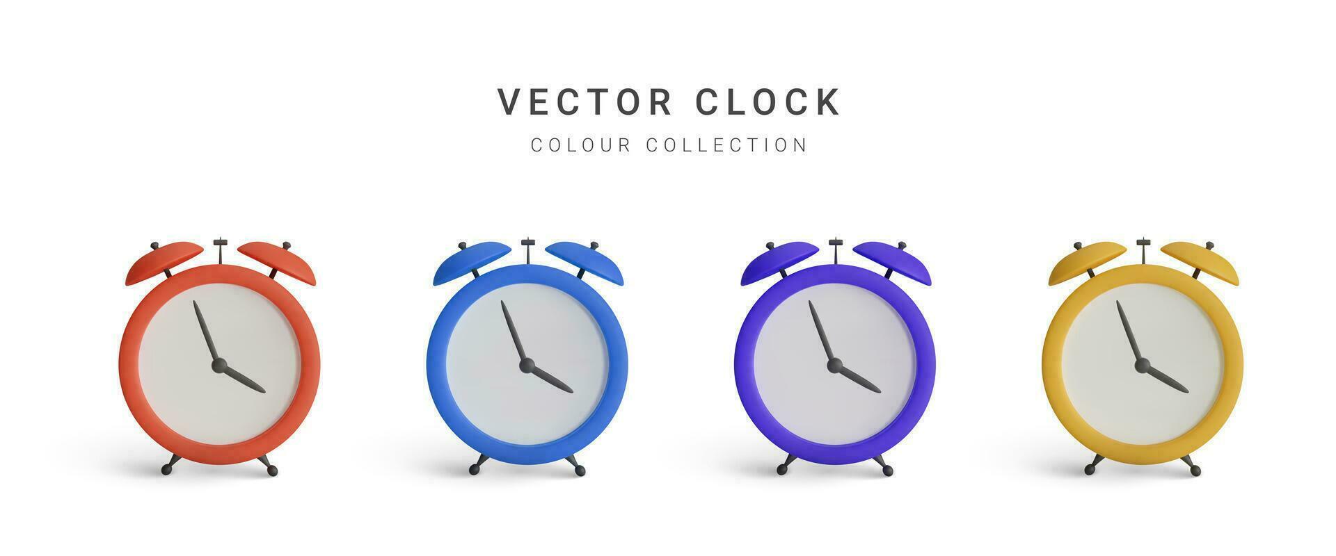 Collection of colour vintage alarm clock with shadow isolated on white background. Vector illustration