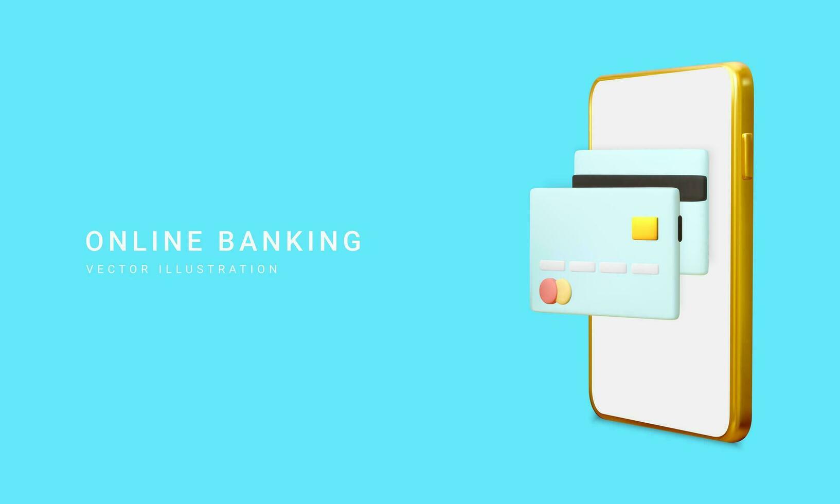 Mobile banking app and e-payment. Smartphone pay by credit card via electronic phone wallet. Online banking. Credit card for online payment or shopping. Vector illustration