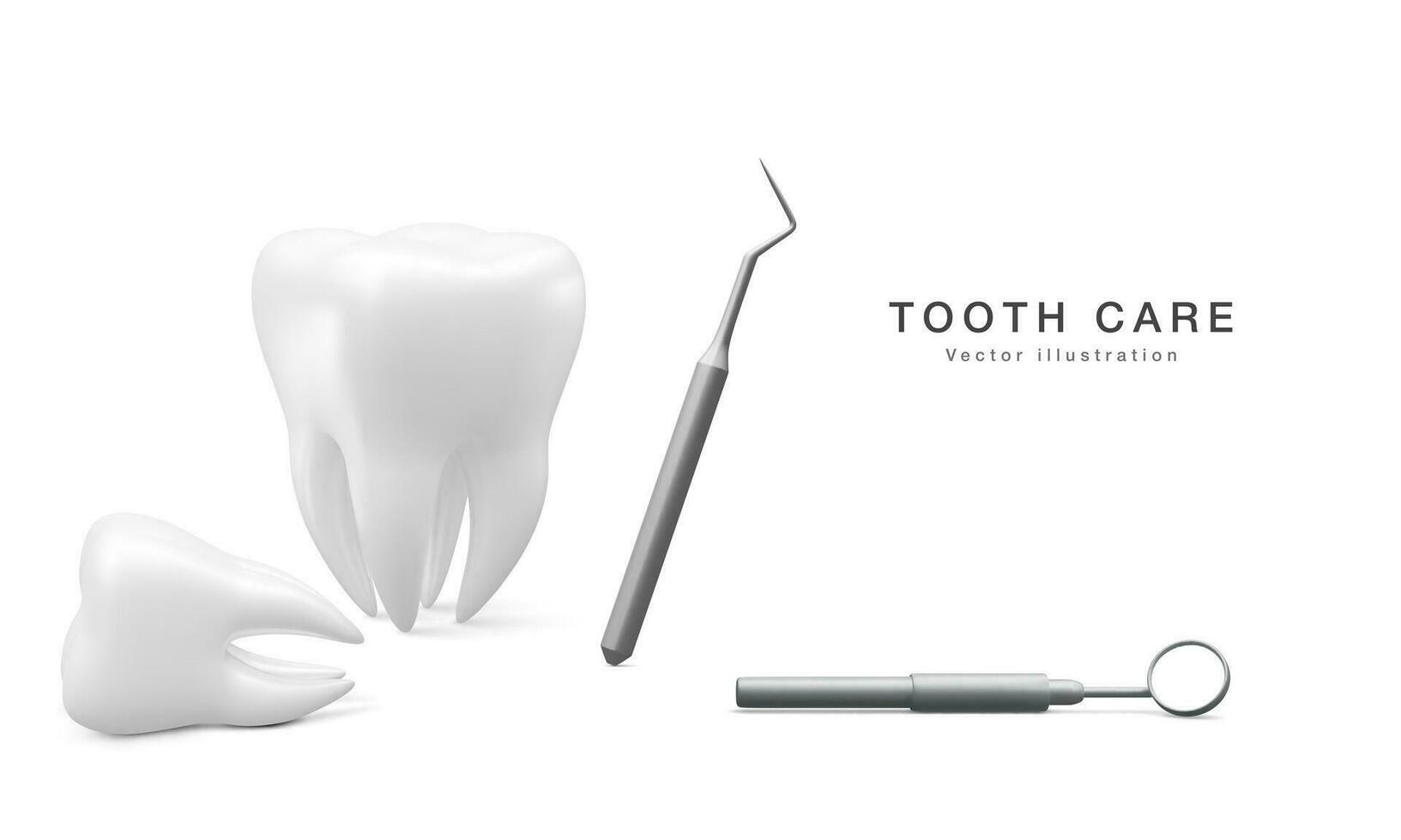 Realistic tooth, dental probe and dental mirror for teeth isolated on white background. Medical dentist tool. Dentistry, healthcare, hygiene Concept. Vector illustration