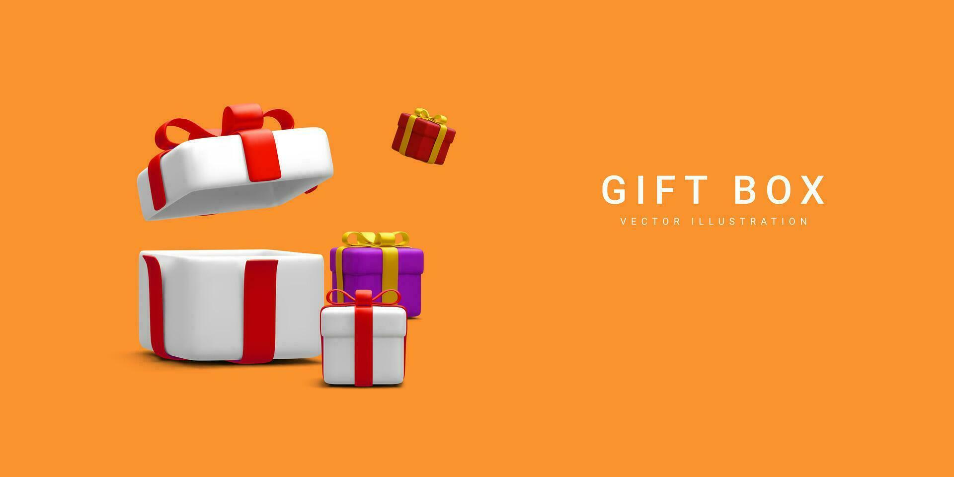 3d realistic pile gifts boxes with ribbon. Decorative festive objects. New Year and Christmas design banner. Vector illustration