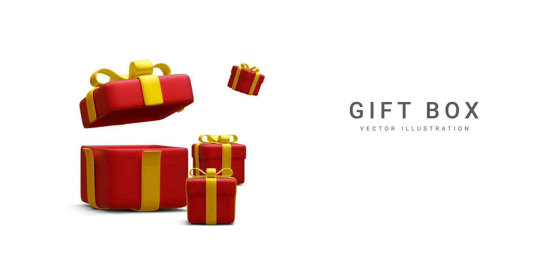 3d realistic pile red gifts boxes with gold ribbon. Decorative festive objects. New Year and Christmas design banner. Vector illustration