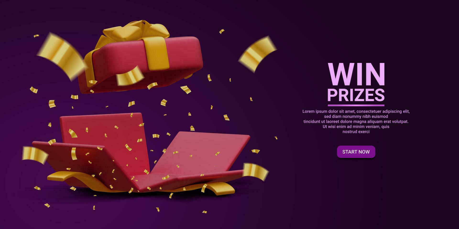 3d realistic open gift box and flying gold confetti on dark background. Win Prizes concept. Vector Illustration