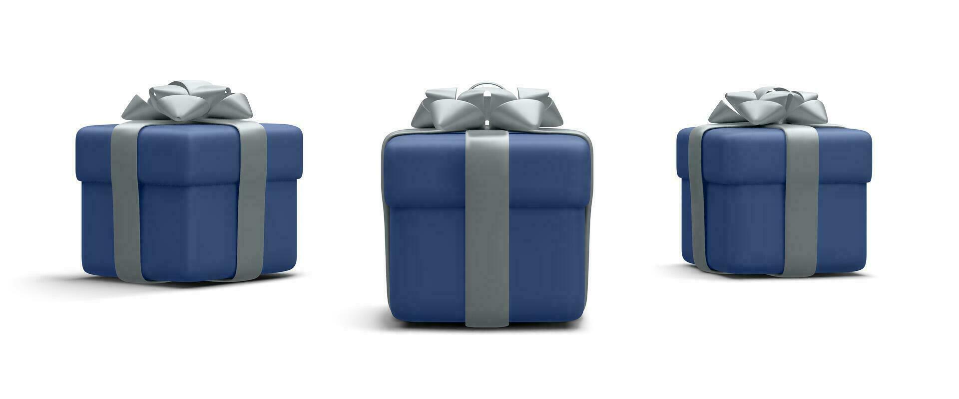 Set of 3d realistic blue gift boxes with silver ribbon isolated on white background. Surprise boxes. Vector illustration