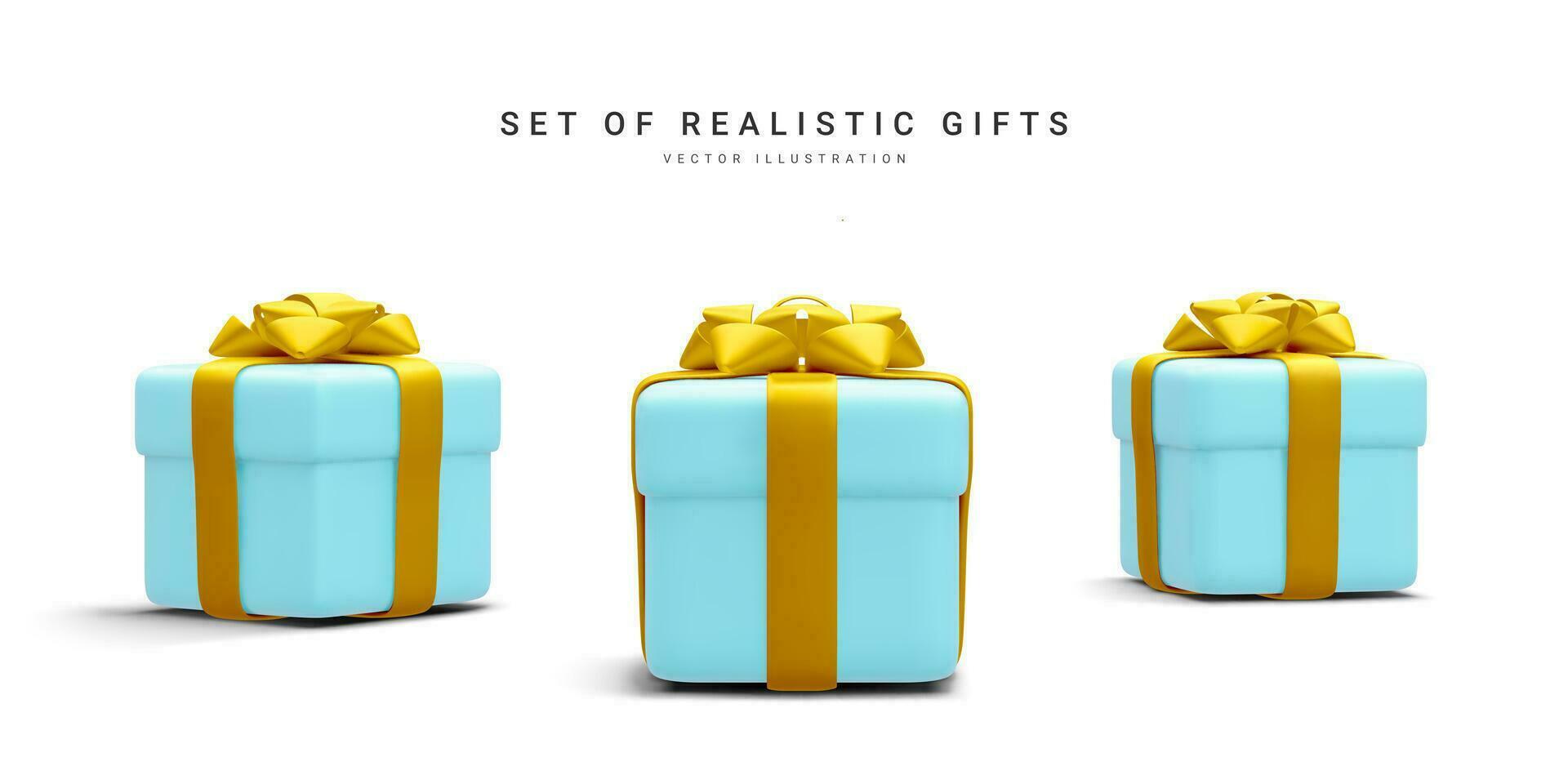 Set of 3d realistic blue gift boxes with gold ribbon isolated on white background. Surprise boxes. Vector illustration