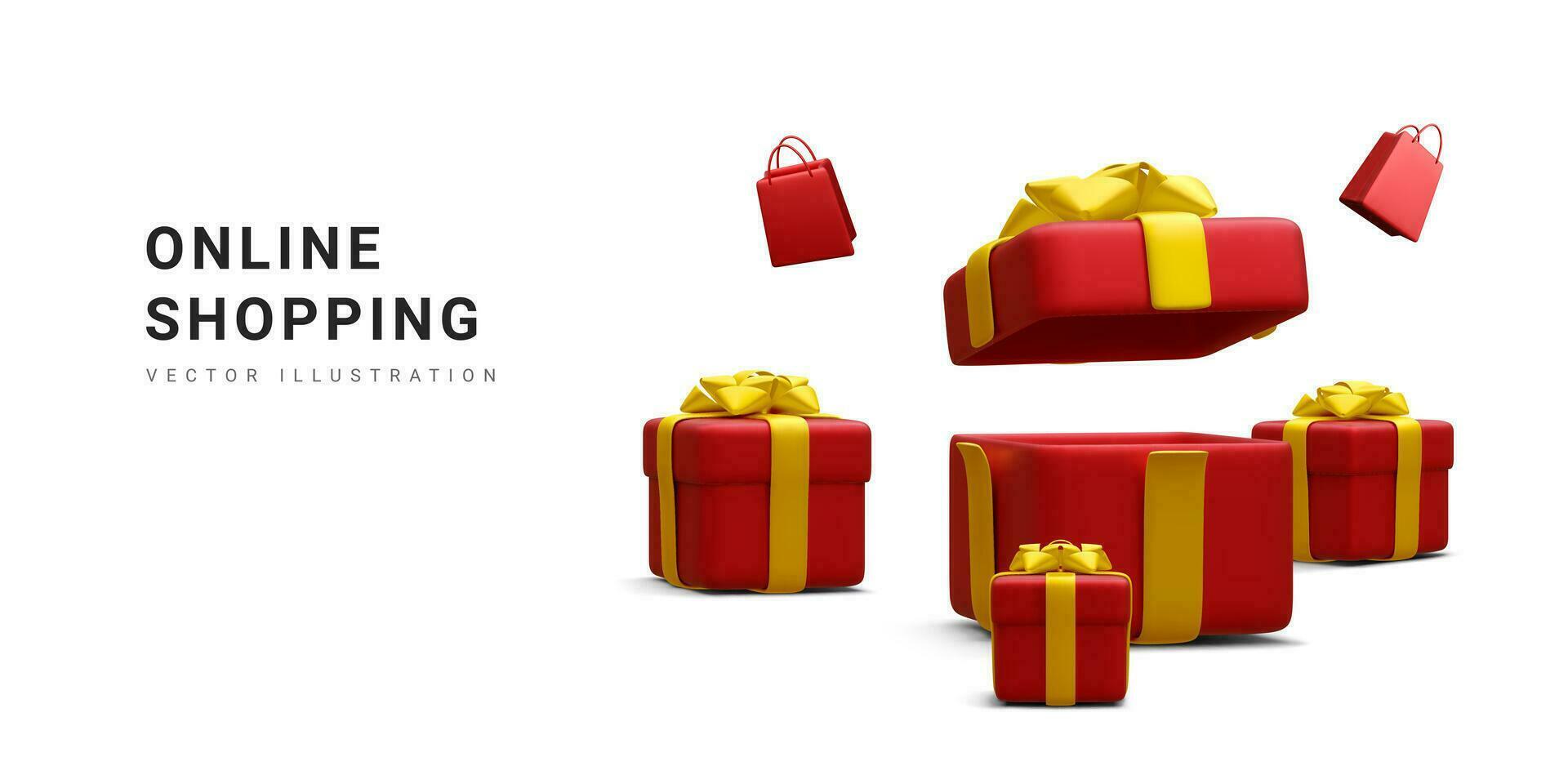 3d realistic banner for online shopping with shopping bag and gift box isolated on white background.  Vector illustration