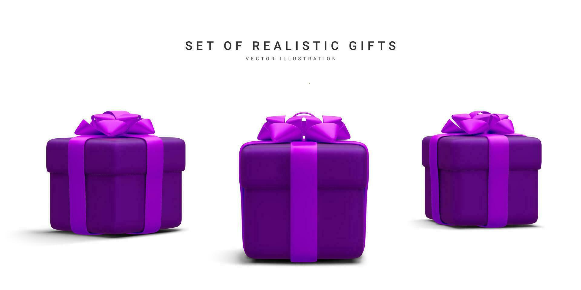 Set of 3d realistic gift boxes with ribbon isolated on white background. Surprise boxes. Vector illustration