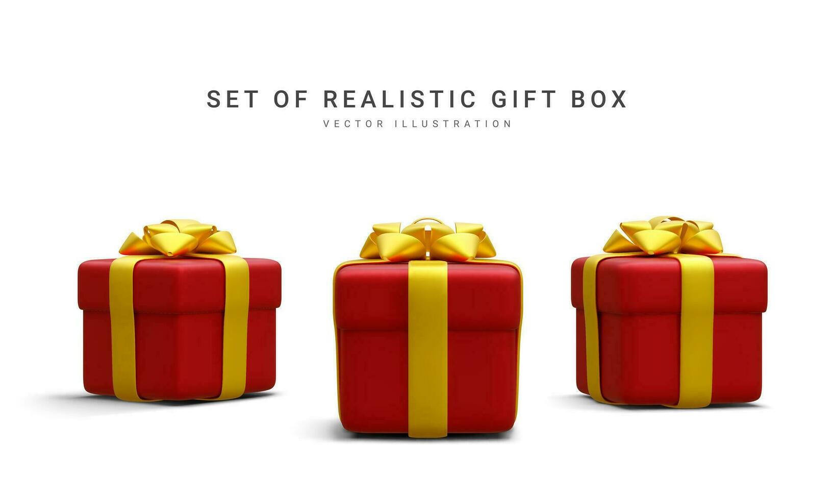 Set of 3d realistic red gift boxes with gold ribbon isolated on white background. Surprise boxes. Vector illustration