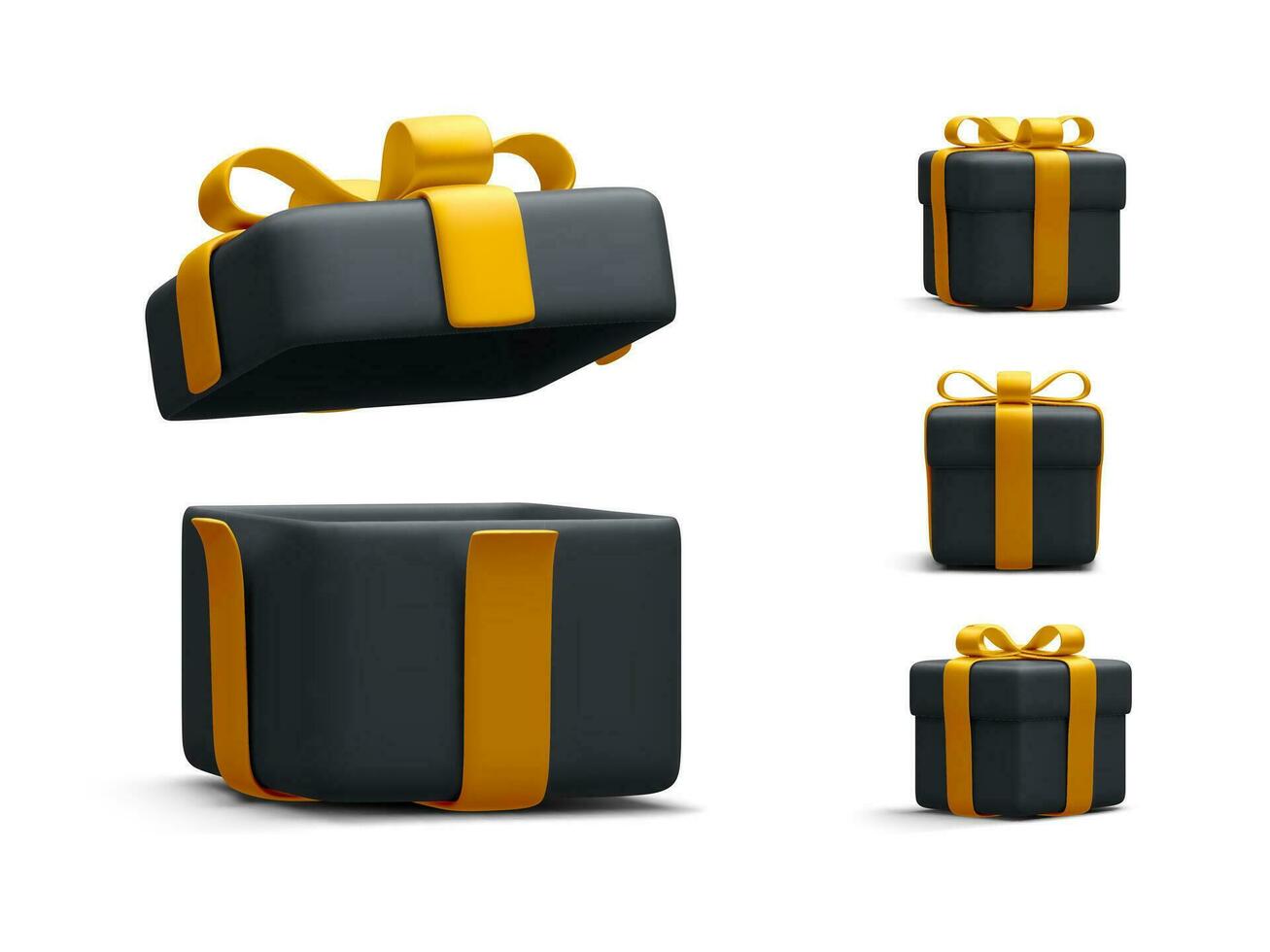 Set of 3d realistic black gift boxes with gold ribbon isolated on white background. Surprise boxes. Vector illustration