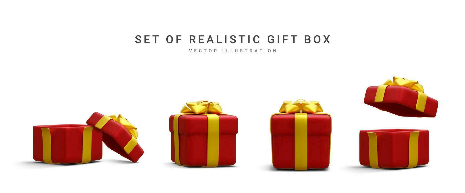 Set of 3d realistic gift boxes with ribbon isolated on white background. Surprise boxes. Vector illustration