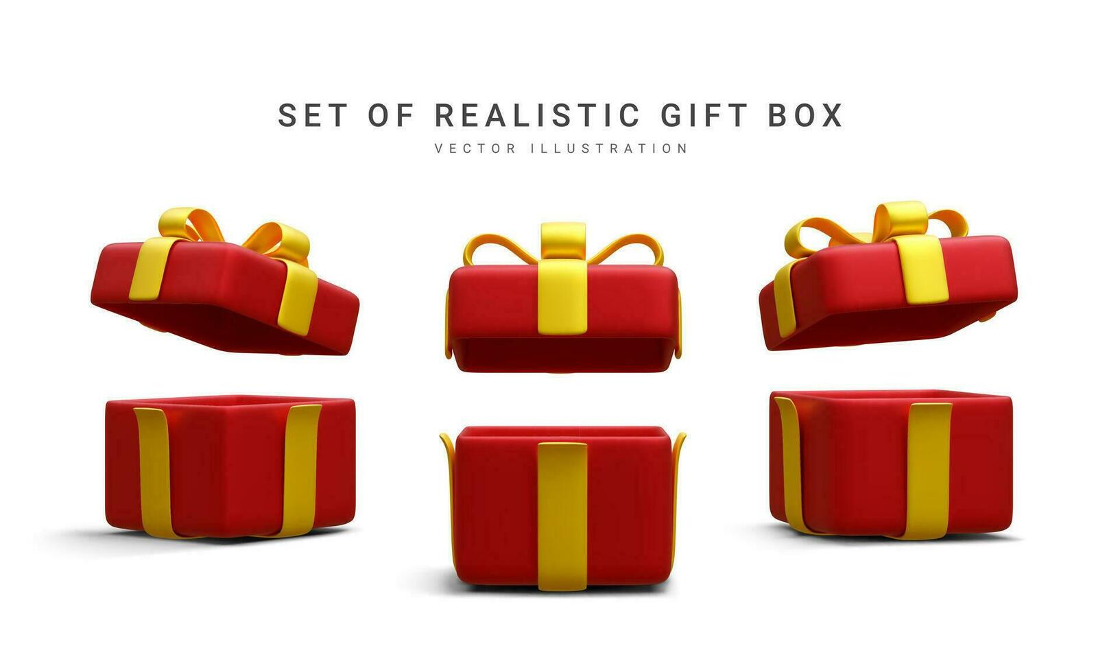 Set of 3d realistic red gift boxes with gold ribbon isolated on white background. Surprise boxes. Vector illustration