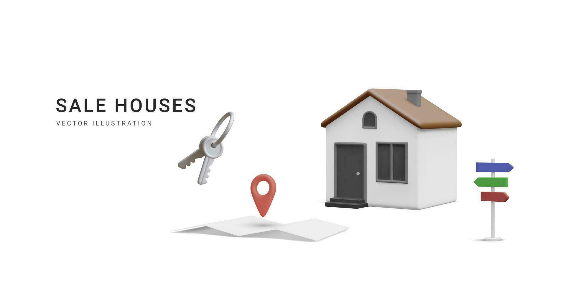 3d realistic banner with home, bunch of keys and street sign isolated on white background. Real estate agency, sale house concept. House icon in cartoon minimal style. Vector illustration