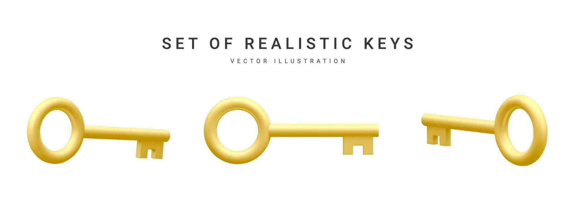 Set of 3d realistic golden keys isolated in white background. Vector illustration