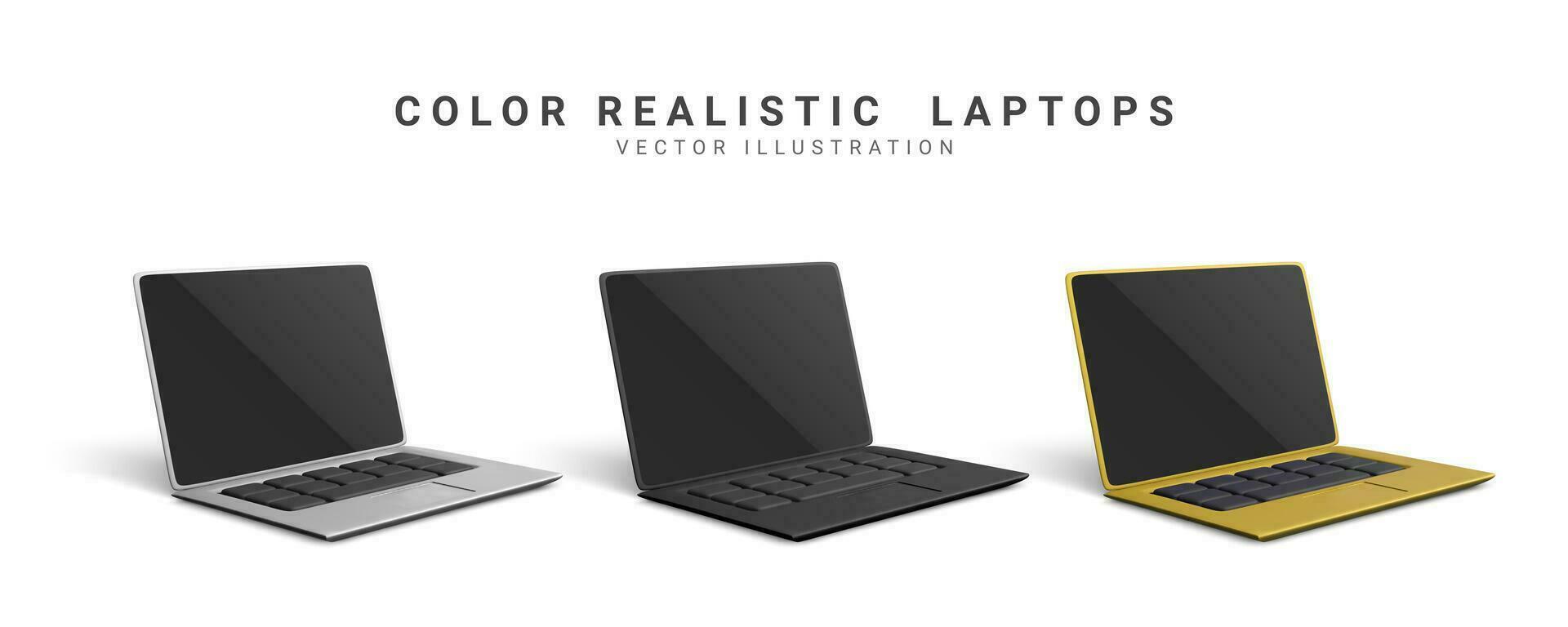 3d realista conjunto laptops en oro, plata, negro colores con sombra. vector ilustración