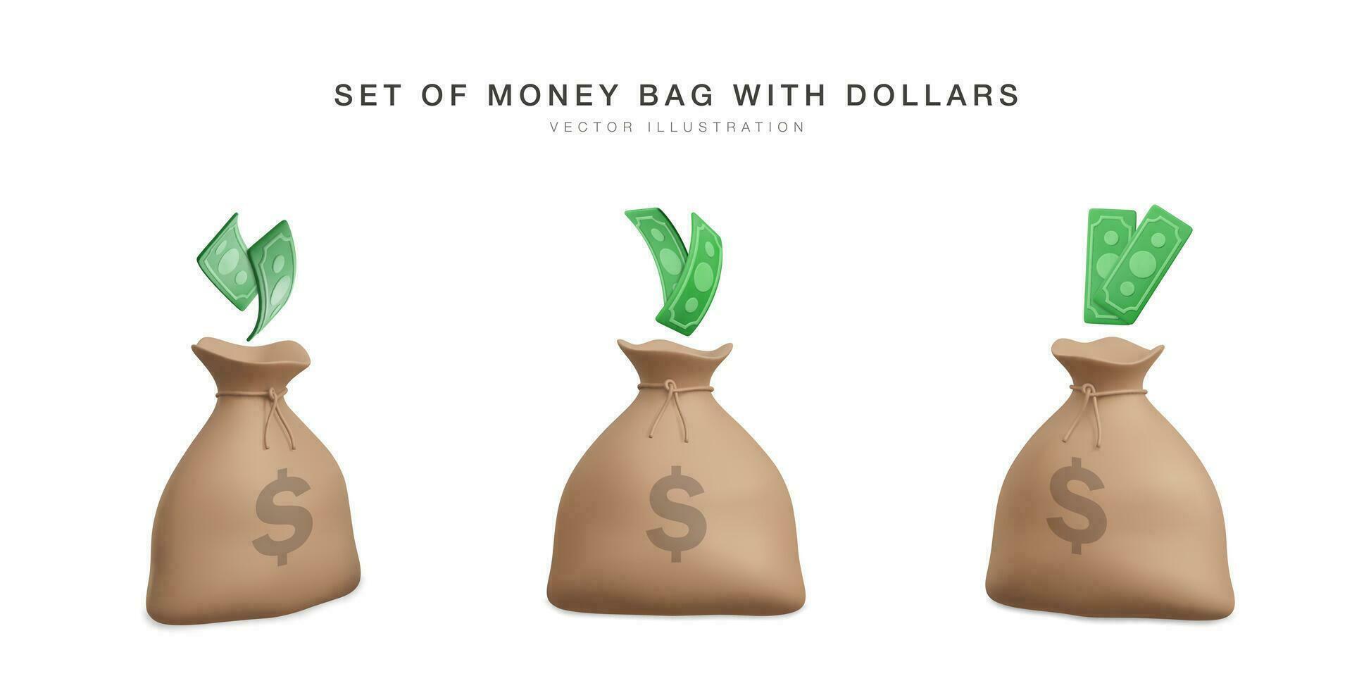 Set of 3d realistic  money bags with green dollars banknote currency. Vector illustration